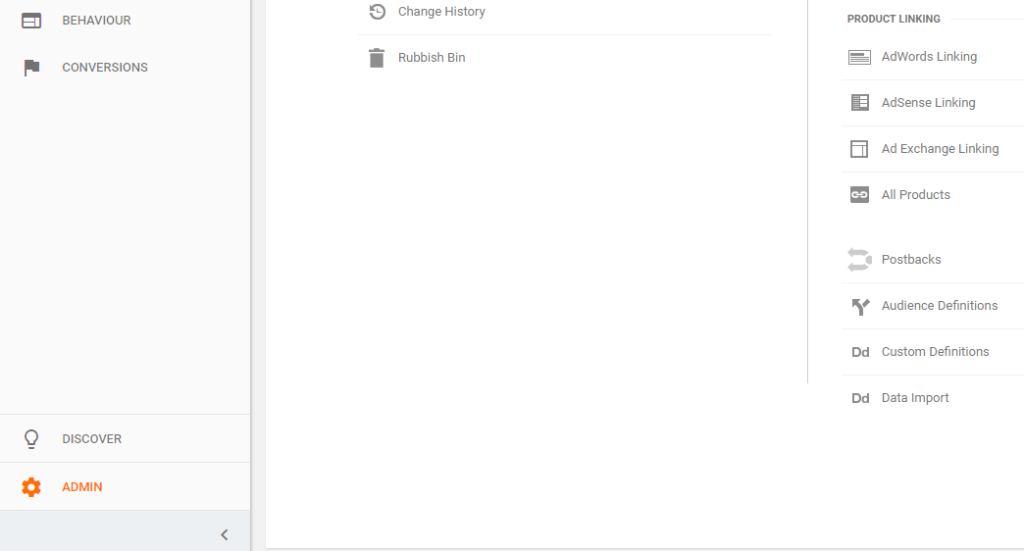 Admin menu Google Analytics