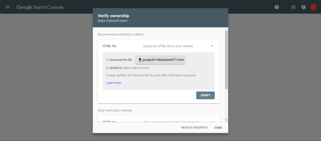Google Search Console verify property screen